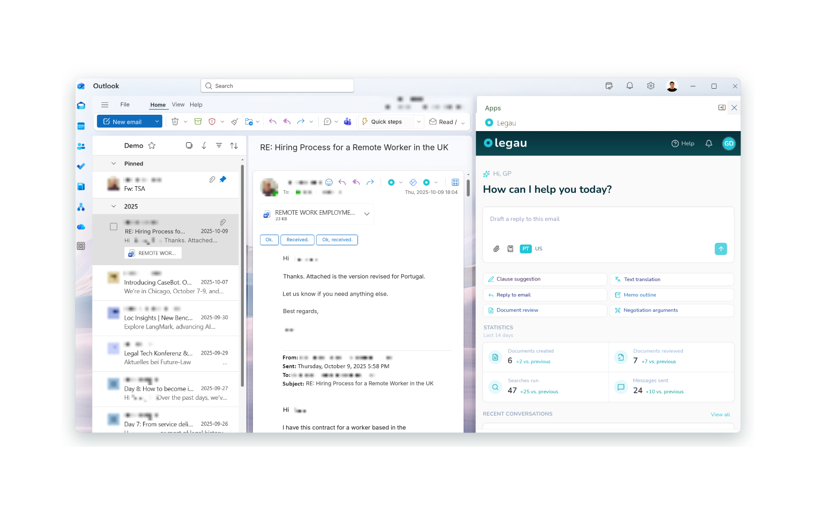 Legau panel open on a message in Outlook.