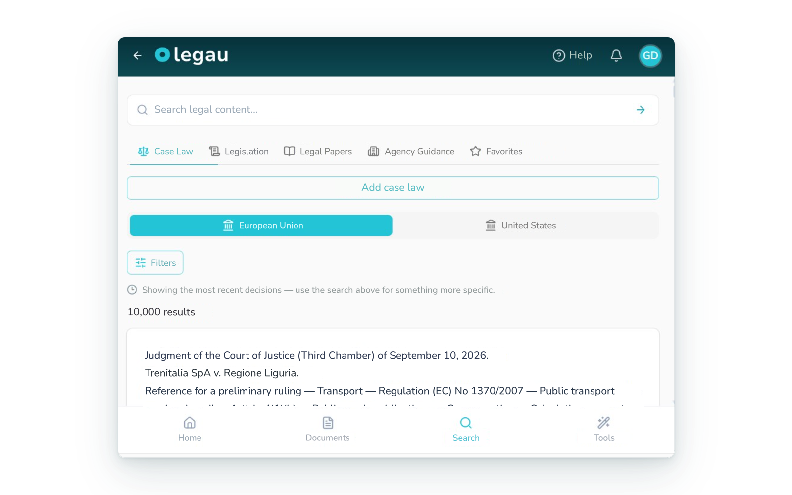 Search panel with case law results and internal documents side by side.
