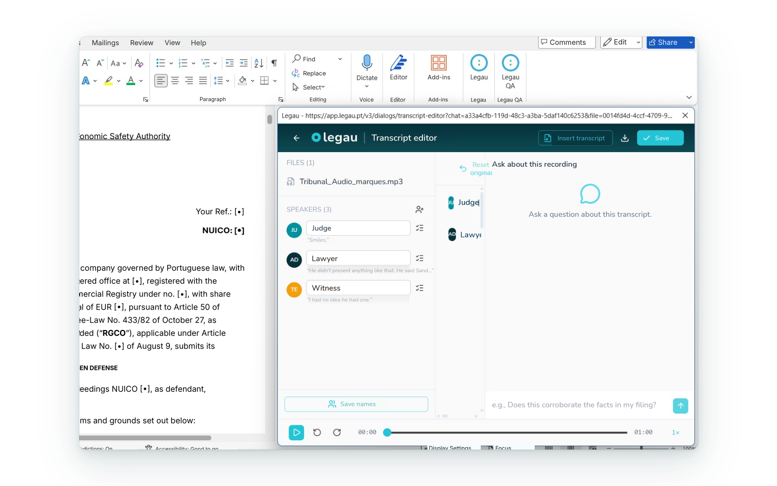 Transcription of audio into editable text in Word.