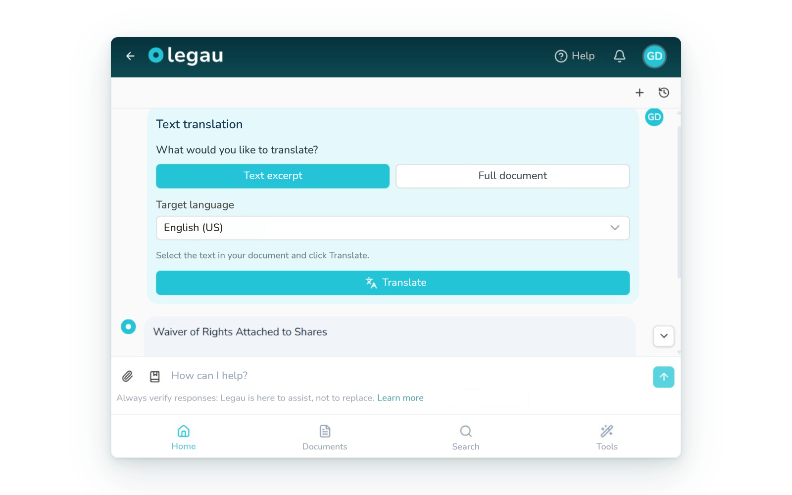 Legal translation options for the document.