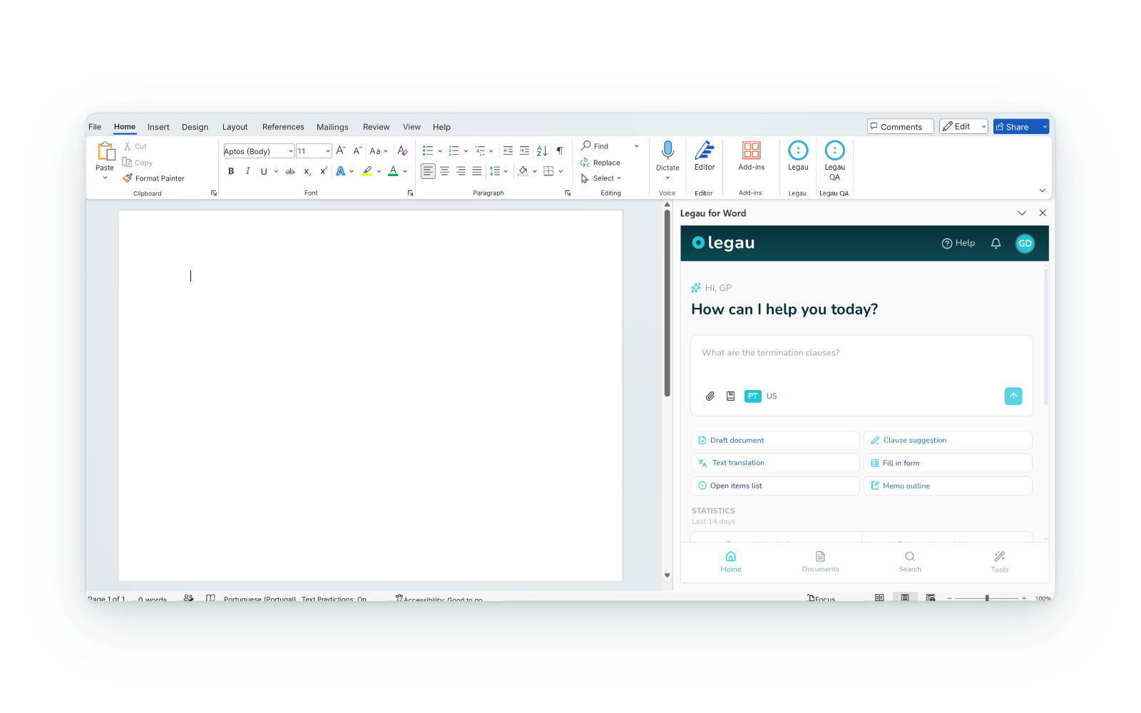 Legau panel open inside a document in Word.